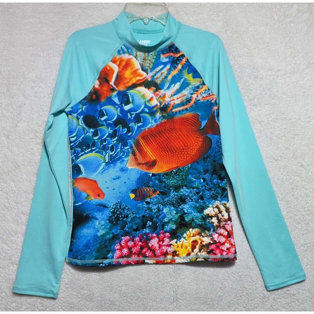 Lands' End Girls XL 14-16 Swim Rash Guard Coral Reef Fish Print